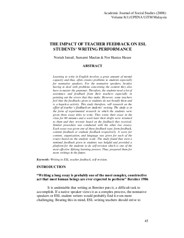 (PDF) The Impact of Teacher Feedback on ESL Students' Writing Performance