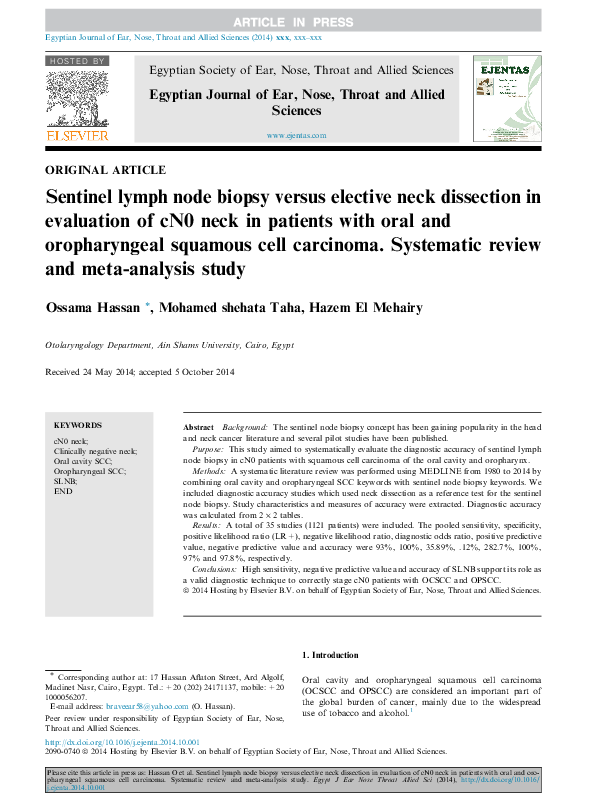 (PDF) Sentinel lymph node biopsy versus elective neck dissection in ...