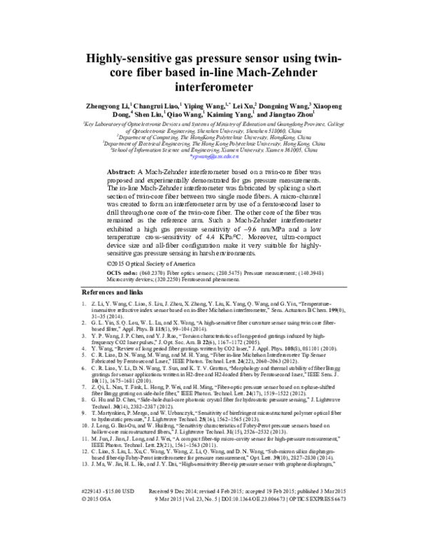(PDF) Highly-sensitive gas pressure sensor using twin-core fiber based ...