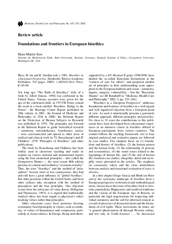 (PDF) Foundations and frontiers in European bioethics