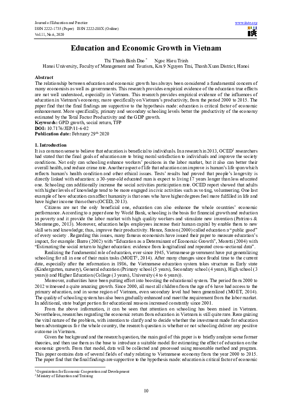 (PDF) Education and economic growth in Vietnam