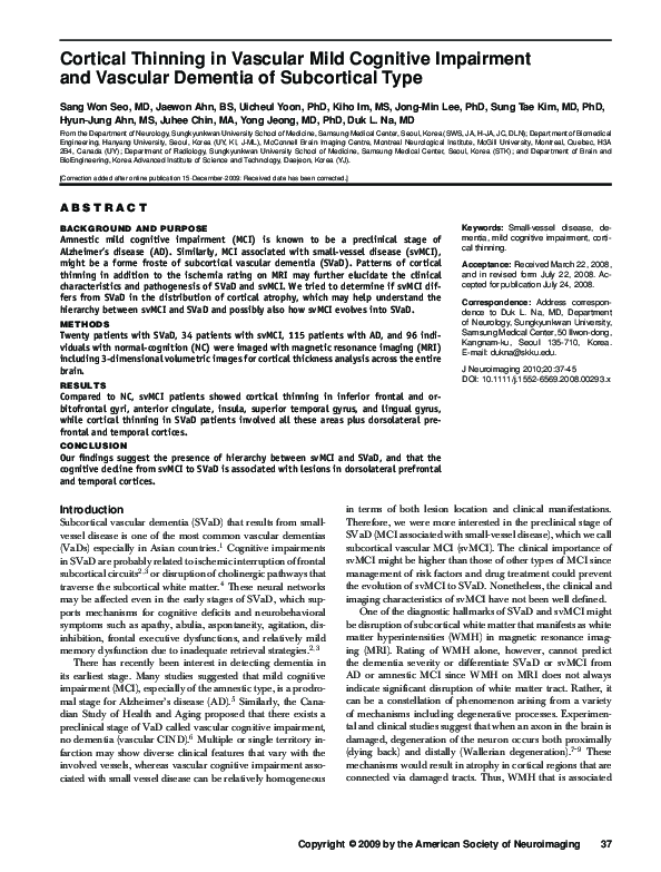 (PDF) Cortical Thinning in Vascular Mild Cognitive Impairment and ...
