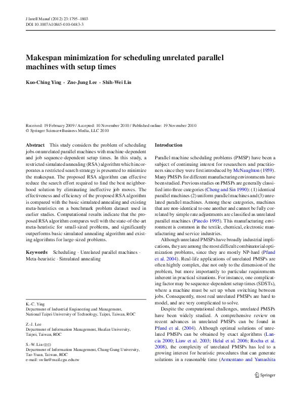 (PDF) Makespan minimization for scheduling unrelated parallel machines ...