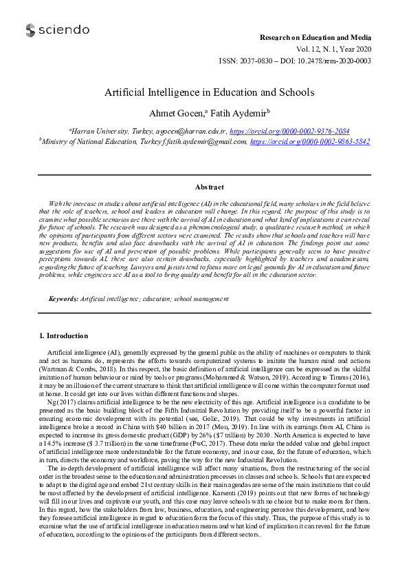 (PDF) Artificial Intelligence in Education and Schools Ahmet Göçen