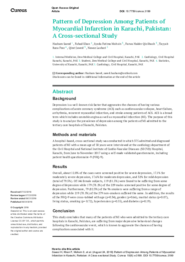 (PDF) Pattern of Depression Among Patients of Myocardial Infarction in ...