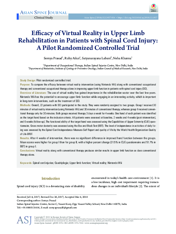 (PDF) Efficacy of Virtual Reality in Upper Limb Rehabilitation in ...