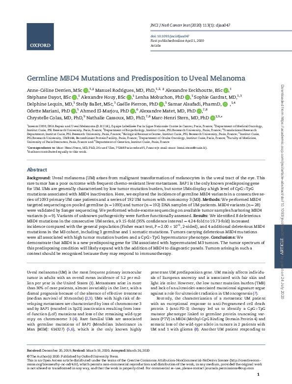 (PDF) Germline MBD4 mutations and predisposition to uveal melanoma