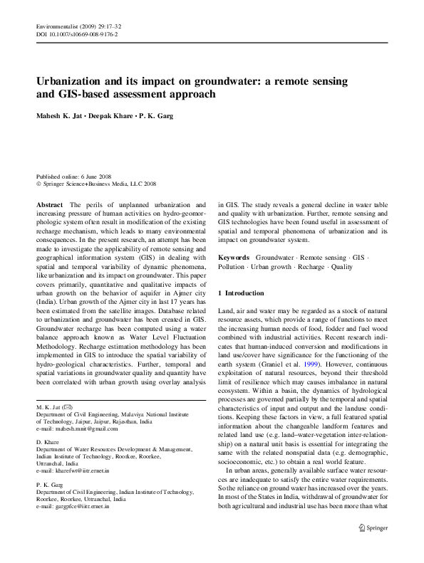 (PDF) Urbanization and its impact on groundwater: a remote sensing and ...