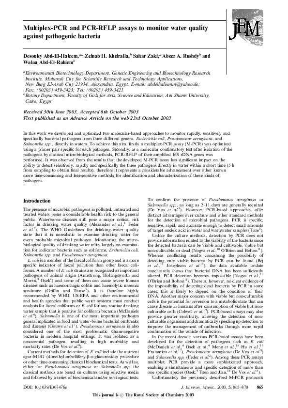 (PDF) Multiplex-PCR and PCR-RFLP assays to monitor water quality ...