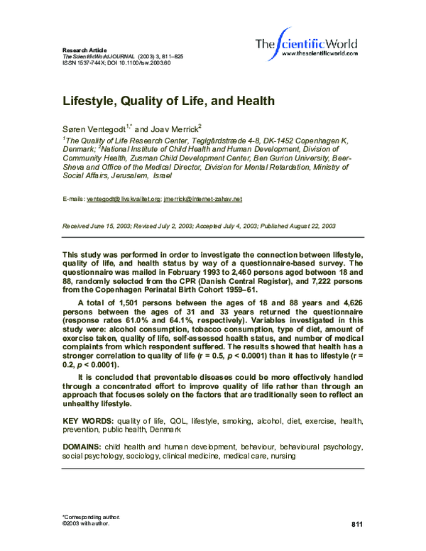 (PDF) Lifestyle, Quality of Life, and Health