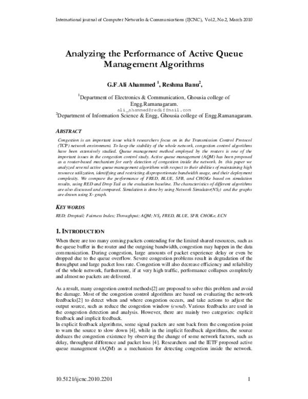 (PDF) Anakyzing the performance of Active Queue Management Algorithms