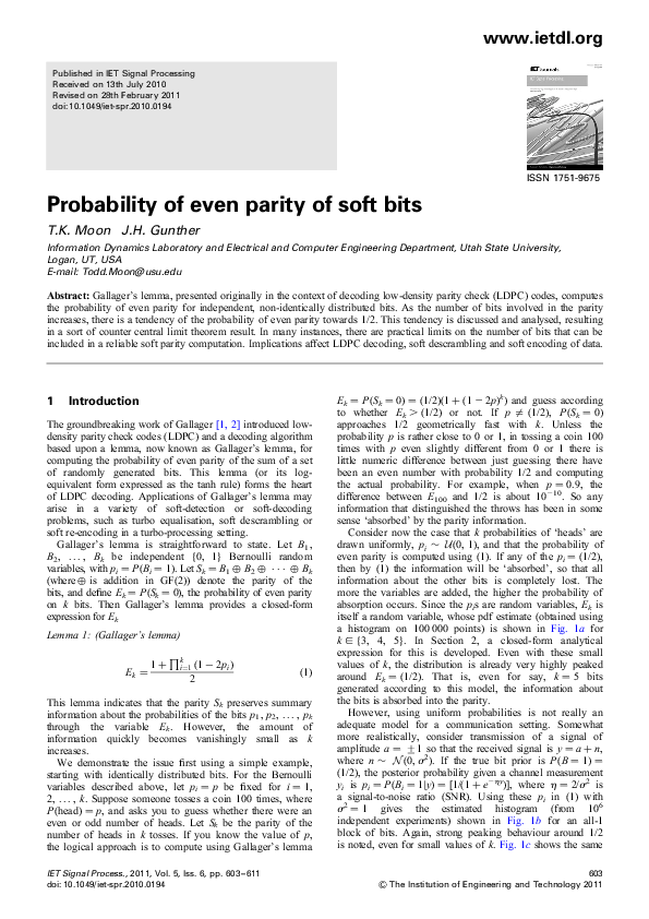 (PDF) Probability of even parity of soft bits