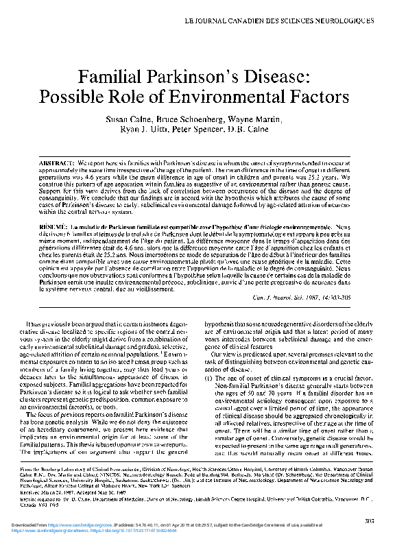 (PDF) Familial Parkinson's disease: possible role of environmental factors