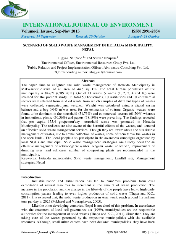 (PDF) Scenario Of Solid Waste Management In Hetauda Municipality, Nepal