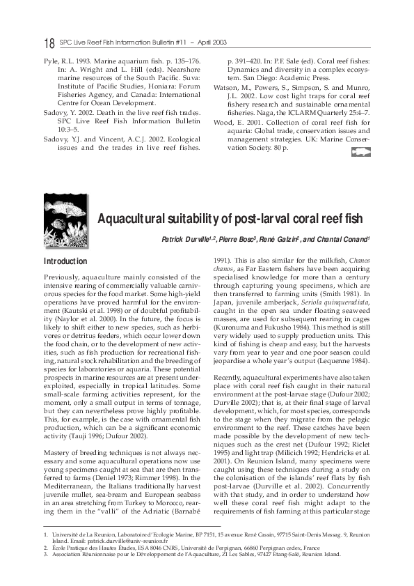 (PDF) Aquacultural suitability of post-larval coral reef fish