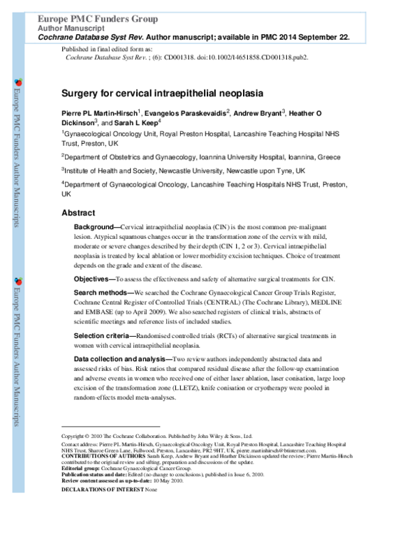(PDF) Surgery for cervical intraepithelial neoplasia