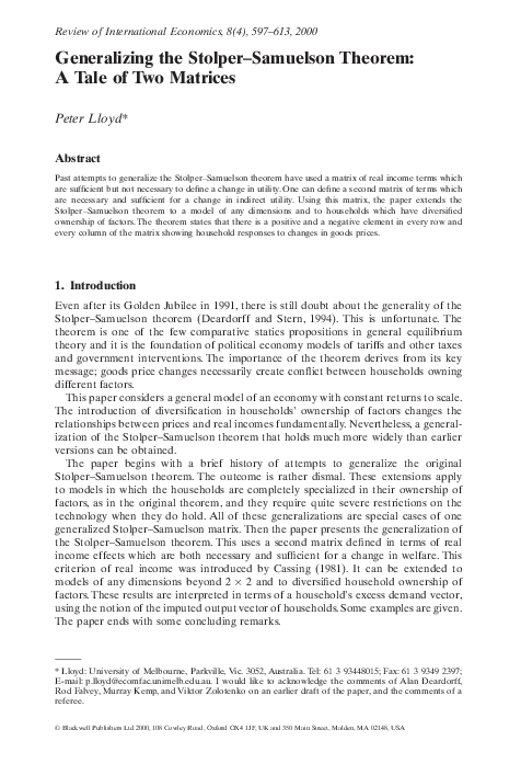 (PDF) Generalizing the Stolper-Samuelson Theorem: A Tale of Two Matrices