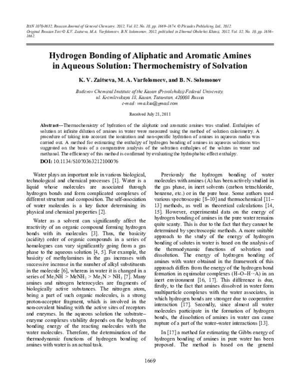 (PDF) Hydrogen bonding of aliphatic and aromatic amines in aqueous ...