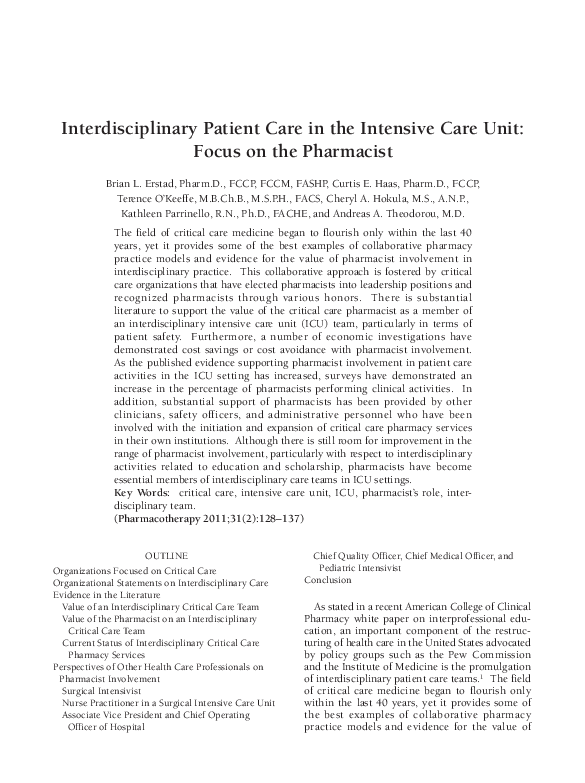 (PDF) Interdisciplinary Patient Care in the Intensive Care Unit: Focus ...