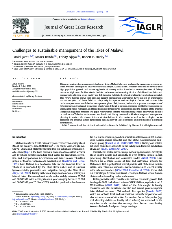 (PDF) Challenges to sustainable management of the lakes of Malawi