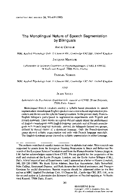 (PDF) The Monolingual Nature of Speech Segmentation