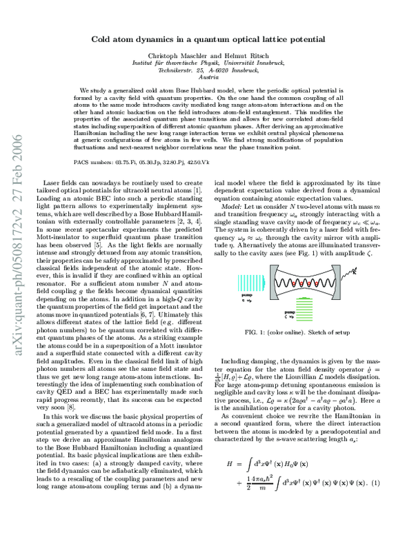 (PDF) Cold atom dynamics in a quantum optical lattice potential