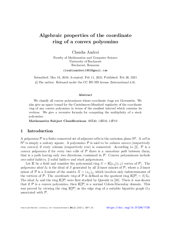 (PDF) Algebraic Properties of the Coordinate Ring of a Convex Polyomino