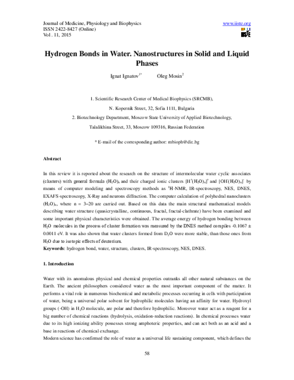 (PDF) Hydrogen Bonds in Water. Nanostructures in Solid and Liquid Phases