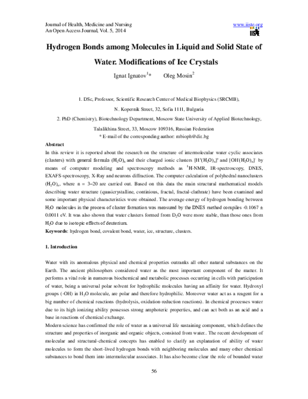 (PDF) Hydrogen Bonds among Molecules in Liquid and Solid State of Water ...