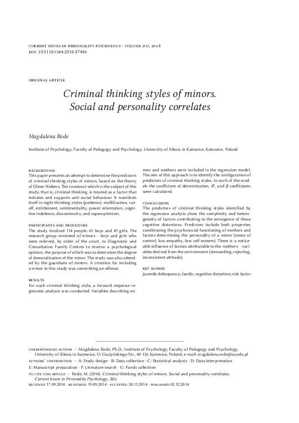 (PDF) Criminal thinking styles of minors. Social and personality correlates