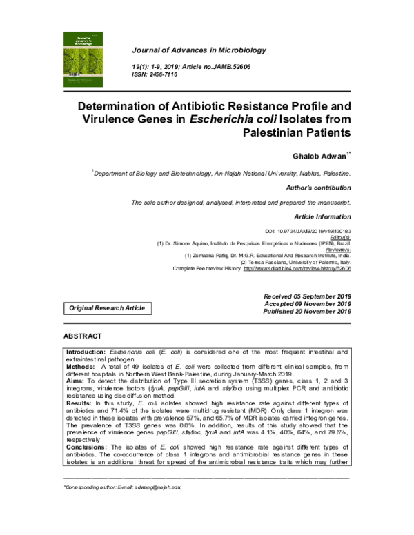 (PDF) Determination of Antibiotic Resistance Profile and Virulence ...