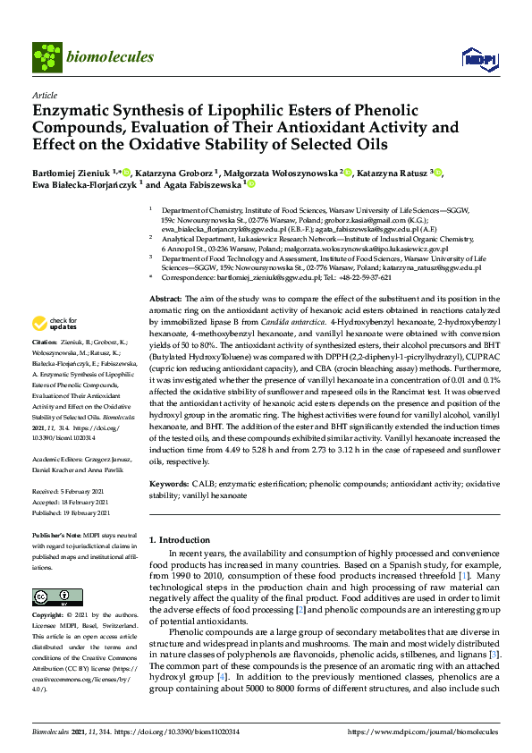 (PDF) Enzymatic Synthesis of Lipophilic Esters of Phenolic Compounds