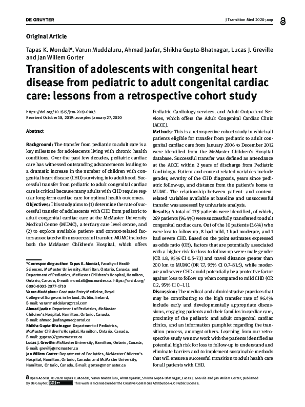 (PDF) Transition of adolescents with congenital heart disease from ...