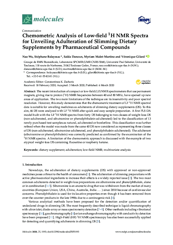 (PDF) Chemometric Analysis of Low-field 1H NMR Spectra for Unveiling ...