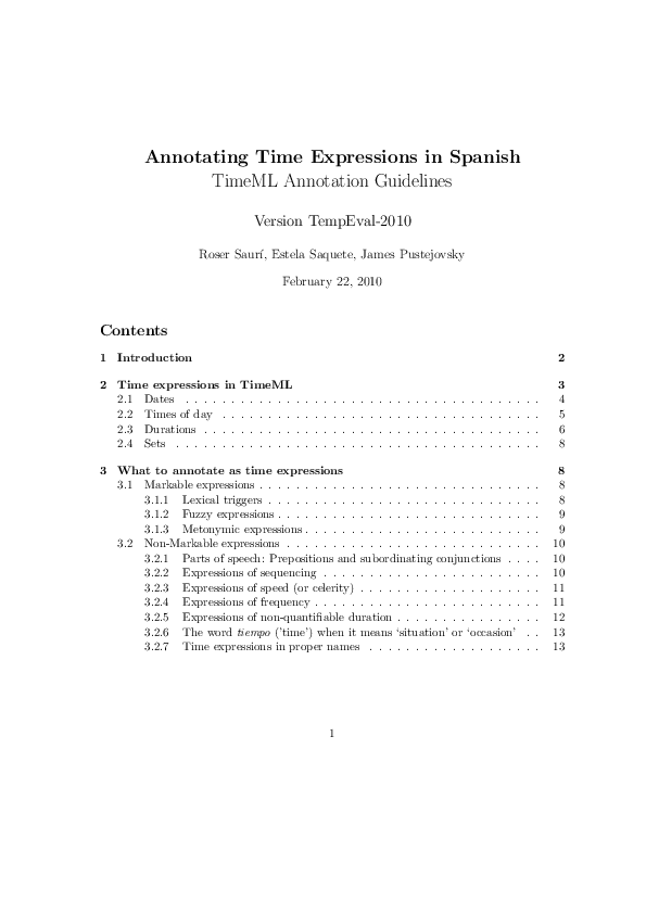 (PDF) Annotating time expressions in spanish. timeml annotation guidelines