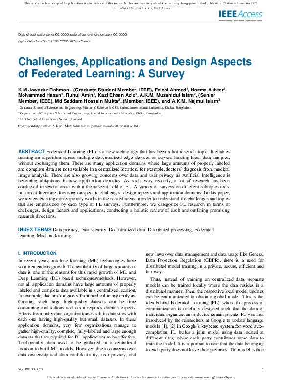 (PDF) Challenges, Applications and Design Aspects of Federated Learning ...