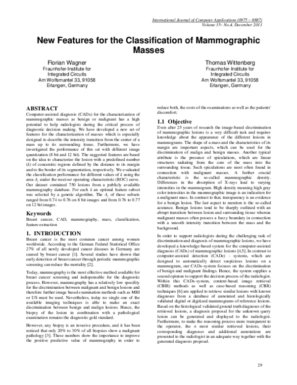 (PDF) New Features for the Classification of Mammographic Masses