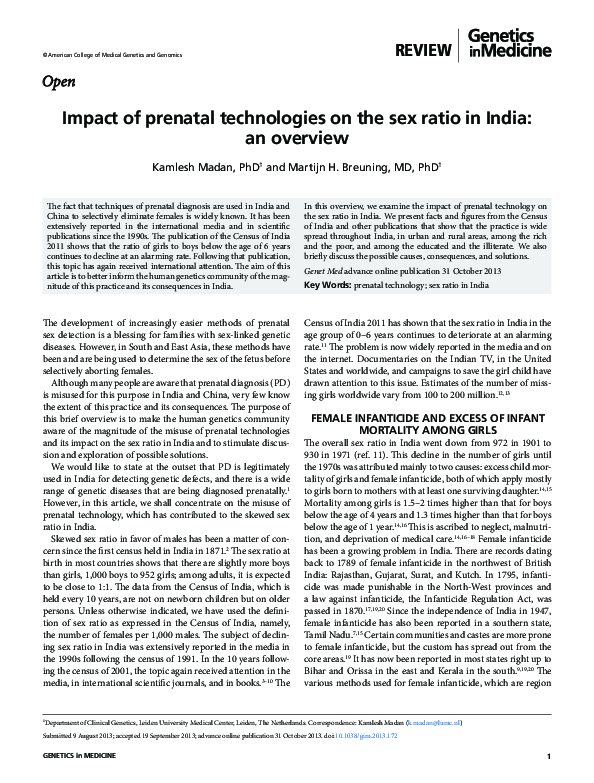 (PDF) Impact of prenatal technologies on the sex ratio in India: an ...