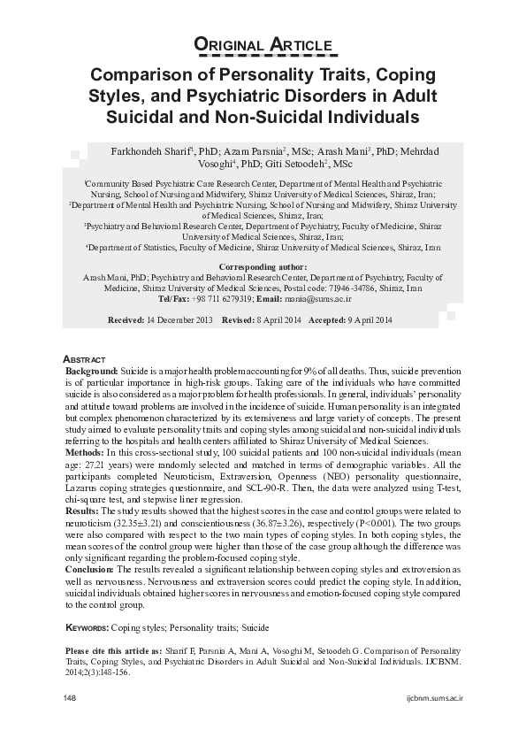 (PDF) Comparison of personality traits, coping styles, and psychiatric ...
