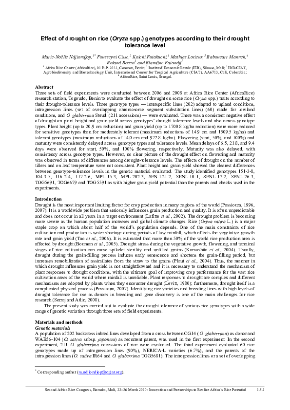 (PDF) Effect of drought on rice (Oryza spp.) genotypes according to ...