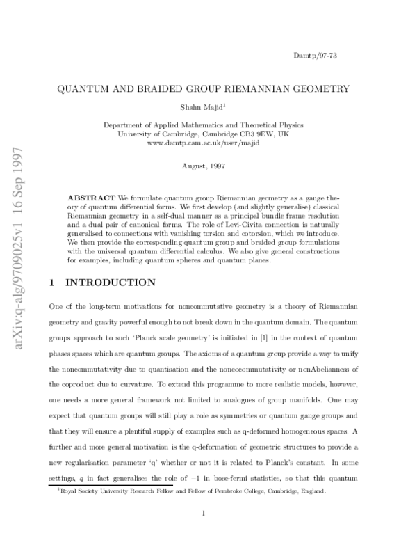 (PDF) Quantum and braided group Riemannian geometry