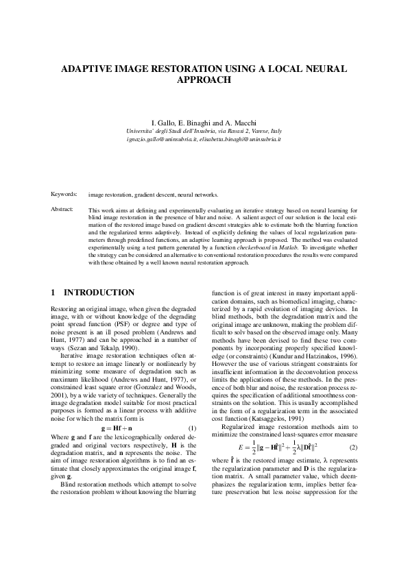 (PDF) Adaptive image restoration using a local neural approach