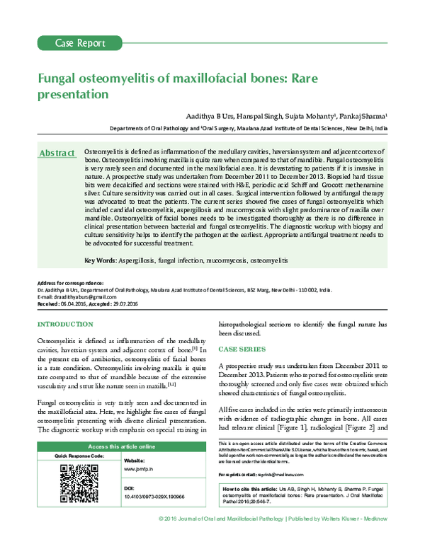 (PDF) Fungal osteomyelitis of maxillofacial bones Rare presentation