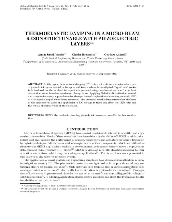 (PDF) Thermoelastic damping in a micro-beam resonator using modified ...
