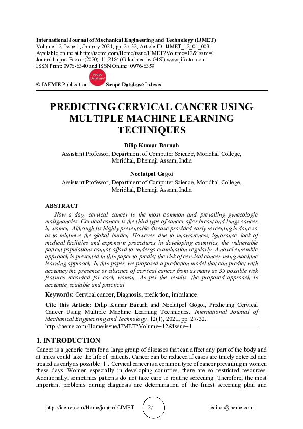 (PDF) Predicting Cervical Cancer Using Multiple Machine Learning Techniques