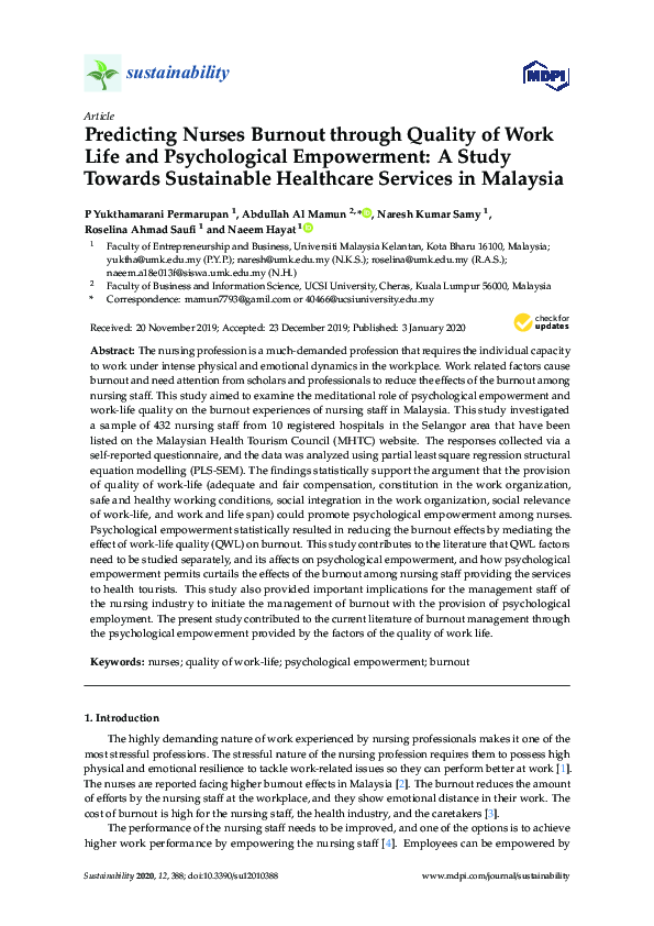 (PDF) Predicting Nurses Burnout through Quality of Work Life and ...