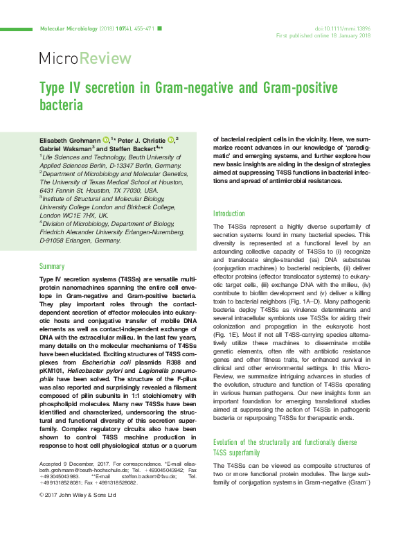 (PDF) Type IV secretion in Gram-negative and Gram-positive bacteria