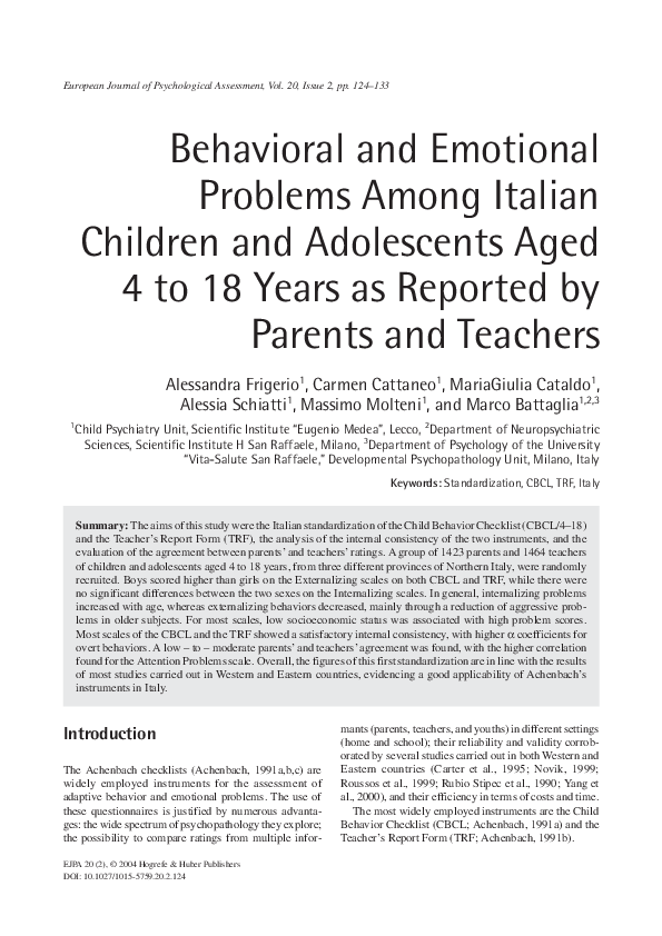 (PDF) Behavioral and Emotional Problems Among Italian Children and ...