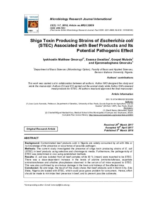 (PDF) Shiga Toxin Producing Strains of Escherichia coli (STEC ...