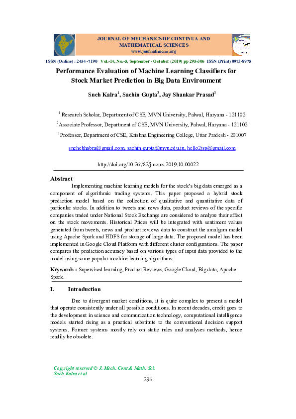 (PDF) Performance Evaluation of Machine Learning Classifiers for Stock ...
